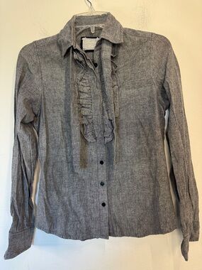 Women's Gray Ruffle Front Button-Down Shirt MISSING BUTTON office business cas